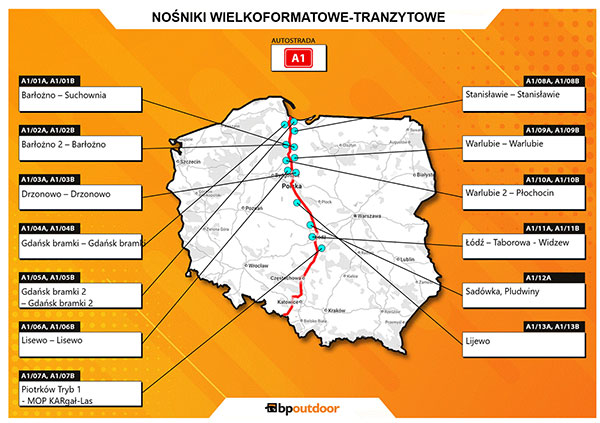 Lokalizacja nośników wielkoformatowych-tranzytowych Autostrada A1