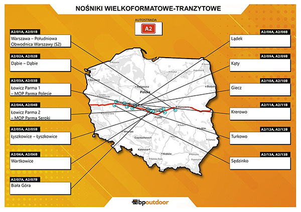 Lokalizacja nośników wielkoformatowych-tranzytowych Autostrada A2