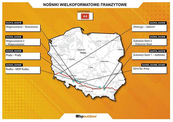 Lokalizacja nośników wielkoformatowych-tranzytowych Autostrada A4